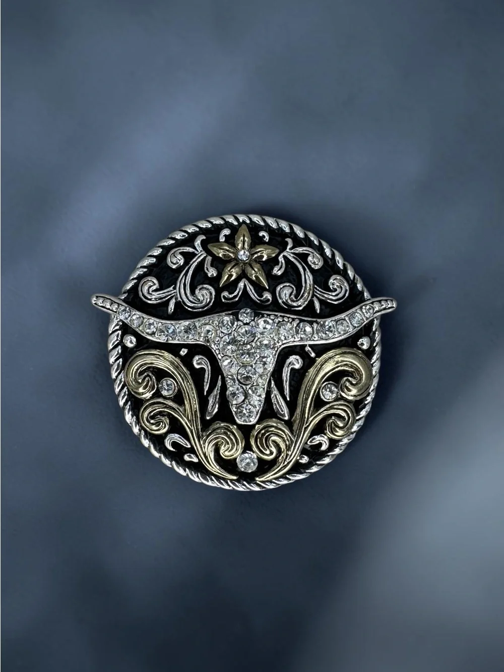 Western Longhorn Bull Rhinestone Statement Pendant Silver Gold Tone 2”
